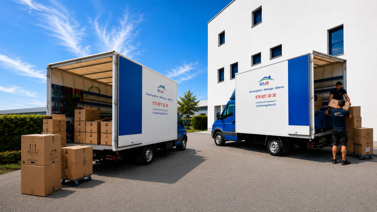 Les deux camions de ROJ ouverts, cartons prêts à charger