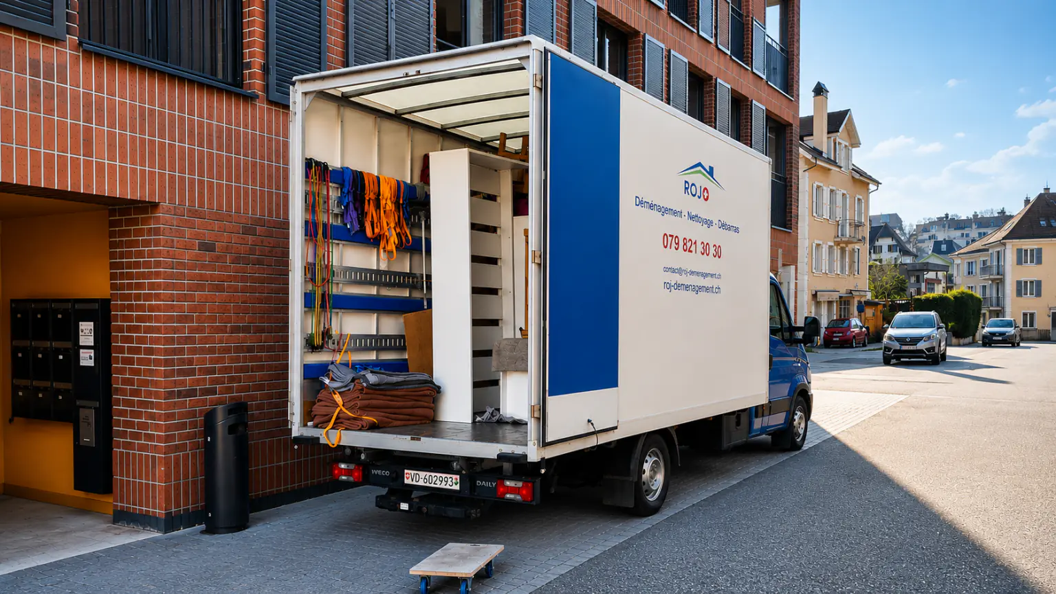 Le camion de ROJ ouvert devant un immeuble, sangles et couvertures à bord